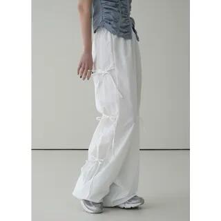 Elastic Waist Plain Tie Side Wide Leg Pants White by PINPI