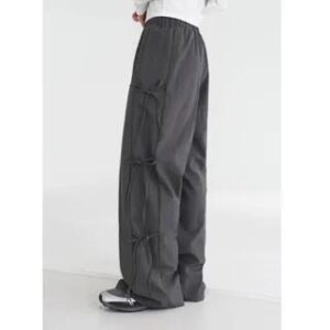 Elastic Waist Plain Tie Side Wide Leg Pants Dark Gray 281359289