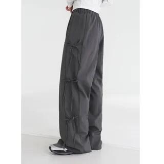 Elastic Waist Plain Tie Side Wide Leg Pants Dark Gray by PINPI