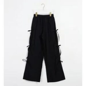 Elastic Waist Plain Tie Side Wide Leg Pants Black 281359290