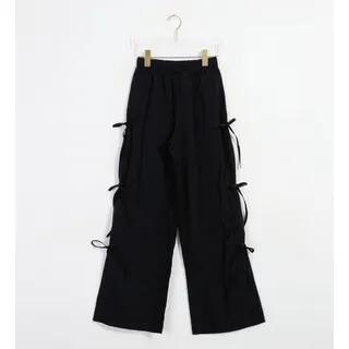 Elastic Waist Plain Tie Side Wide Leg Pants Black by PINPI