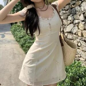 Cap-Sleeve V-Neck Plain Lace Panel Buttoned Eyelet Mini A-Line Dress Mini Dress - Almond 281359293