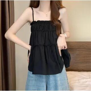 Frill Trim Plain Flowy Camisole Top Black by Moon City