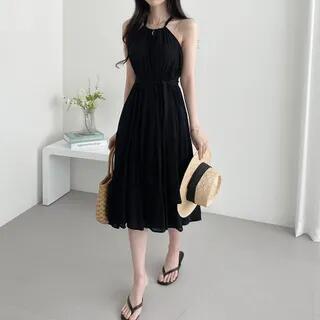 Halter Neck Plain Dress Black by Moon City