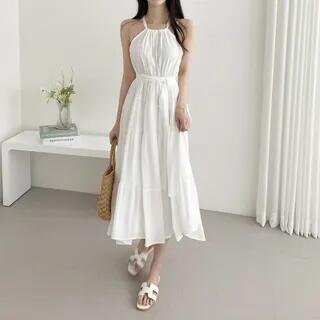 Halter Neck Plain Dress White by Moon City