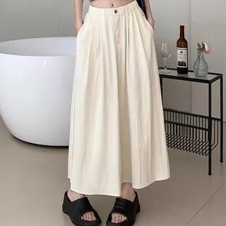 High Waist Plain Maxi A-Line Skirt Beige by Cloud Nine