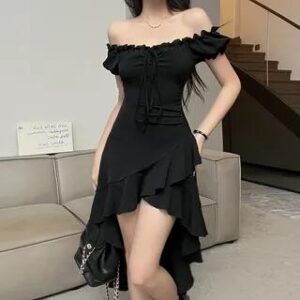 Short-Sleeve Off Shoulder Plain Ruffle Trim Mini A-Line Dress Black 281359343