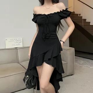 Short-Sleeve Off Shoulder Plain Ruffle Trim Mini A-Line Dress Black by Sisyphi