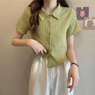 Short-Sleeve Plain Lettuce Edge Shirt Green by Fabricino