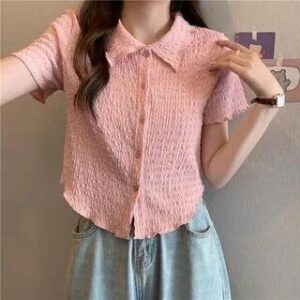 Short-Sleeve Plain Lettuce Edge Shirt Pink 281359354