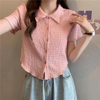Short-Sleeve Plain Lettuce Edge Shirt Pink by Fabricino