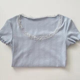 Short-Sleeve Scoop Neck Lace Trim T-Shirt Blue by ANORA