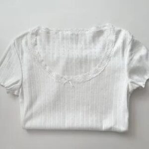Short-Sleeve Scoop Neck Lace Trim T-Shirt White 281359388