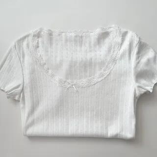 Short-Sleeve Scoop Neck Lace Trim T-Shirt White by ANORA