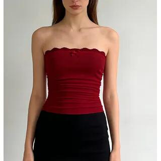 Lace-Trim Accent Plain Tube Top Coffee by Rosesand