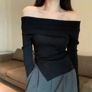Off-Shoulder Long-Sleeve Asymmetrical Plain Ribbed Knit Top White by Magimomo