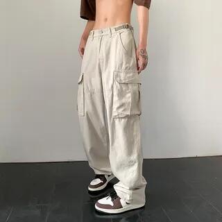 Straight-Cut Loose Cargo Pants Off-White by Cowpow