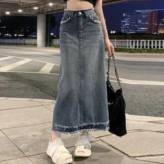 High Rise Denim Midi Skirt Blue by Coline