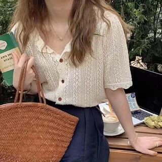 Short-Sleeve Plain Pointelle Knit Top Light Almond by Cossita