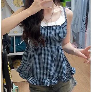 Plaid Ruffle Mock Two Piece Camisole Top White & Blue by Dreamkura