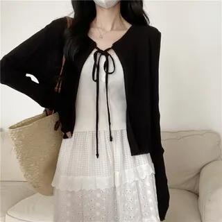 Crew Neck Ribbed Tie Front Top Cardigan - Black by Ukiyo