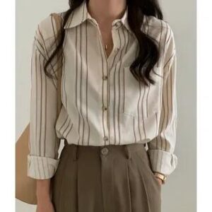 Long-Sleeve Collared Striped Shirt Almond 281359574