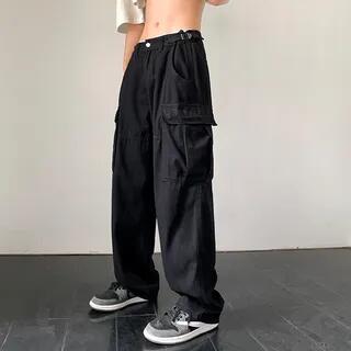 Straight-Cut Loose Cargo Pants Black by Cowpow