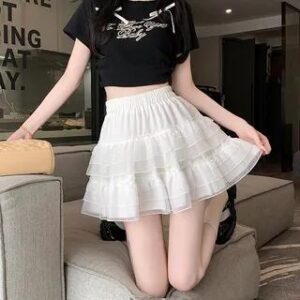 High Rise Plain Ruffle Lace Trim Mini A-Line Skirt White 281359625