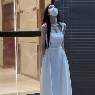 Sleeveless Square Neck Plain Midi A-Line Dress 8836 - White by Elbelier