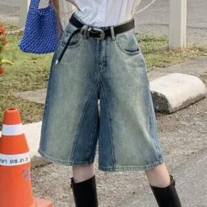 High Waist Washed Wide Leg Denim Shorts Blue 281359694