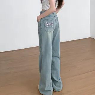 Mid Rise Bow Washed Wide Leg Jeans Light Blue by OUREA