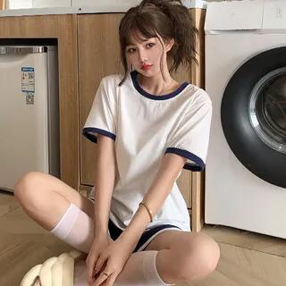 Pajama Set: Short-Sleeve Crew Neck Contrast Trim T-Shirt + Elastic Waist Slit Shorts Set of 2 - 117 - T-Shirt & Shorts - Dark Blue & White by Siensien