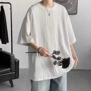 3/4-Sleeve Crew Neck Plain Textured T-Shirt White by Real Boy