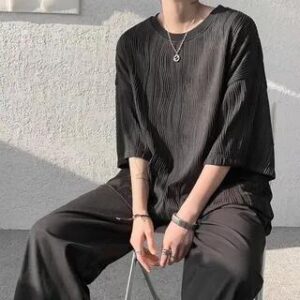 3/4-Sleeve Crew Neck Plain Textured T-Shirt Black 281359848