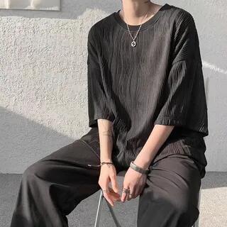 3/4-Sleeve Crew Neck Plain Textured T-Shirt Black by Real Boy