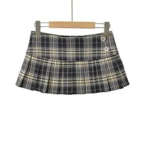 Low Waist Plaid Button Accent Pleated Mini A-Line Skirt Plaid - Dark Blue & Almond 281359895