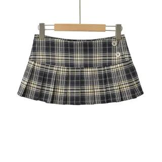 Low Waist Plaid Button Accent Pleated Mini A-Line Skirt Plaid - Dark Blue & Almond by Asiris