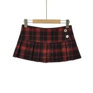 Low Waist Plaid Button Accent Pleated Mini A-Line Skirt Plaid - Black & Red 281359896