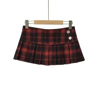Low Waist Plaid Button Accent Pleated Mini A-Line Skirt Plaid - Black & Red by Asiris