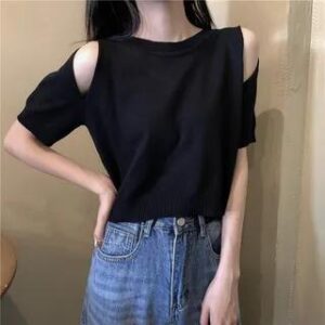 Short-Sleeve Cold-Shoulder Plain Crop Top Black 281359921