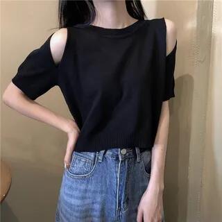 Short-Sleeve Cold-Shoulder Plain Crop Top Black by Shinsei