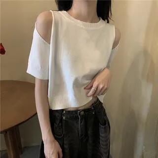 Short-Sleeve Cold-Shoulder Plain Crop Top White by Shinsei