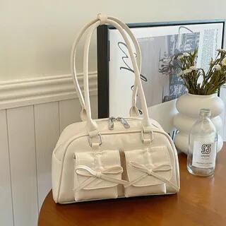 Bow-Accent Faux-Leather Bowler Bag Bowler Bag - Off-White by KOCORE