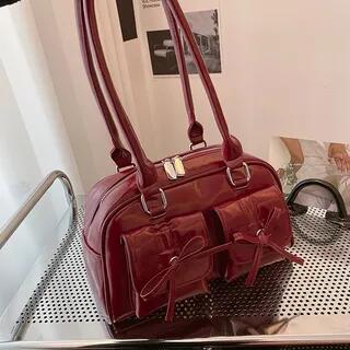 Bow-Accent Faux-Leather Bowler Bag Bowler Bag - Red by KOCORE