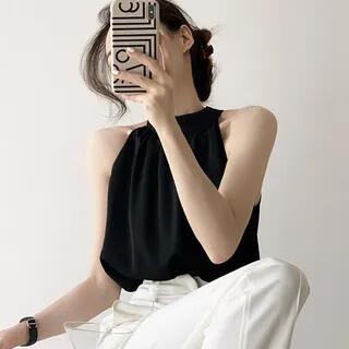 [S] Sleeveless Halter Plain Blouse Black by Coris