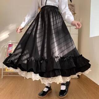 Elastic Waist Plain Bow Tiered Lace Trim Midi A-Line Skirt Black by Sisyphi
