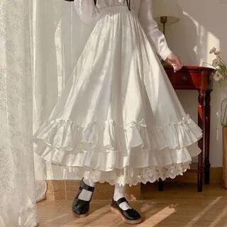 Elastic Waist Plain Bow Tiered Lace Trim Midi A-Line Skirt White by Sisyphi
