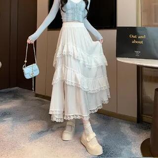Elastic Waist Plain Slit Tiered Lace Trim Midi A-Line Skirt White by Dragan Pulse