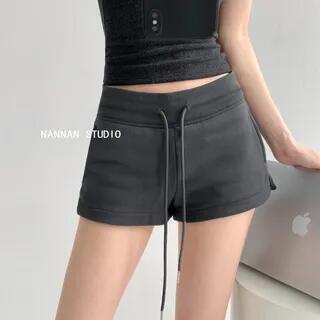 Drawstring Low-Rise Cotton Shorts in 7 Colors Dark Gray by Shira