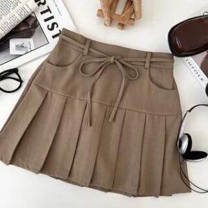 High Rise Plain Pleated Mini A-Line Skirt Khaki 281360175